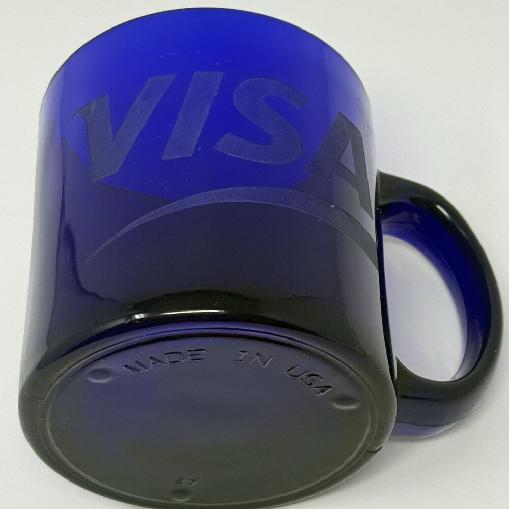 VISA Company Coffee Mug Cobalt Blue Glass Cup Made in USA 12 oz